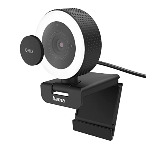 Hama Webcam mit Licht, Zoom, Fernbedienung (QHD 2K PC-Kamera mit Mikrofon Stereo Streaming-Cam, Ringlicht-Webcam Abdeckung, Autofokus, 360° drehen 89° neigen, 1/4-Zoll-Gewinde f Webcam-Stativ) schwarz von Hama