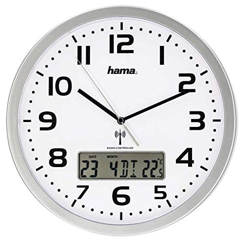 Hama Funk-Wanduhr digital (große Funkuhr mit analoger Zeitanzeige, Wanduhr mit digitaler Kalender- und Temperaturanzeige, inkl. Batterie) silber von Hama