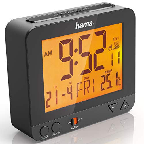 Hama Funkwecker Digital RC550 (Funkuhr mit Nachlicht, Digitalwecker mit Temperatur- und Datumsanzeige, Speed-Alarm, inkl. Batterie) Funk-Wecker schwarz von Hama