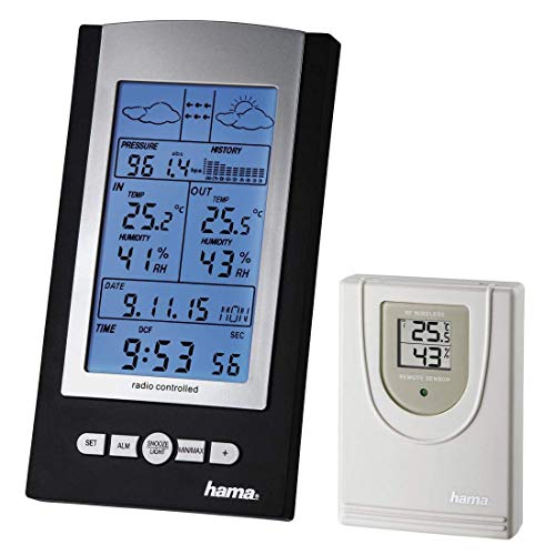 Hama Funk-Wetterstation mit Außen-Sensor (Thermometer, Hygrometer, Barometer, Außensensor mit hoher Reichweite, misst Innen- und Außen-Temperatur, inkl. DCF Funkuhr, Wanduhr) schwarz von Hama