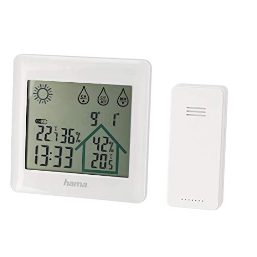 Hama Funk-Wetterstation mit Außensensor, Wettervorhersage, „Action“ (Innen-/Außentemperatur, Luftfeuchtigkeit, Hygrometer/Thermometer, Wecker-Funktion, batteriebetrieben) Temperaturmessgerät weiß von Hama