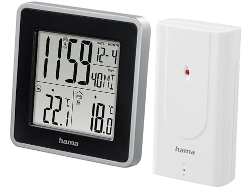 Hama Digitales Thermometer mit Uhr (Funkthermometer mit Außensensor für Innen- und Außentemperatur, Funkuhr mit zwei Weckzeiten, Anzeige von Uhrzeit, Datum, Wochentag, großes Display) schwarz/silber von Hama