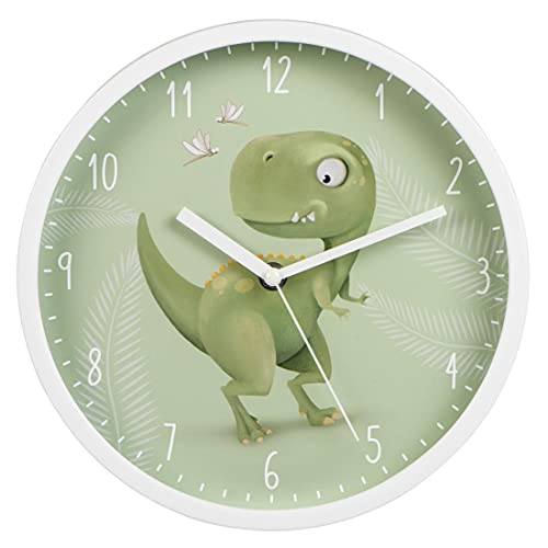 Hama Kinder Wanduhr Happy Dino ohne Ticken (runde Kinderuhr mit Dinosaurier Motiv, batteriebetriebene Quarz Wanduhr mit Sekundenzeiger, Kinderzimmer, ideal als Lernuhr, Durchmesser 25 cm) grün von Hama