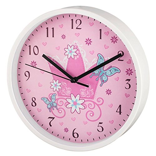 Hama Kinder Wanduhr ohne Ticken „Krone“ (analoge Uhr, großes Ziffernblatt mit Ø 22,5 cm, geräuscharm, mit Prinzessinnen-Motiv, z.B. für’s Kinderzimmer) Kinderwanduhr rosa von Hama