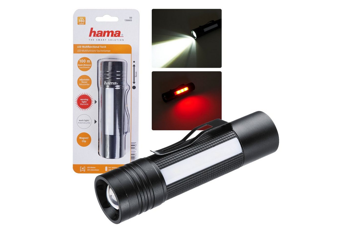 Hama LED Laterne LED Taschenlampe Multifunktion Aluminium, auch als Werkstattlampe, LED, weiß, Alu Gehäuse mit Magnet, Hell 180 Lumen, Fokussierbar, 100m Reichweite von Hama