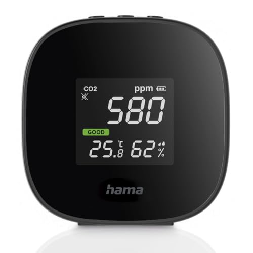 Hama Luftqualitätsmessgerät Safe (Luftqualität Messgerät Raumluft, Messgerät für Luftfeuchtigkeit, CO2 Ampel, Kohlendioxid Messer, Thermometer, Luftqualitätsmonitor, Luftmessgerät, mit Akku) schwarz von Hama