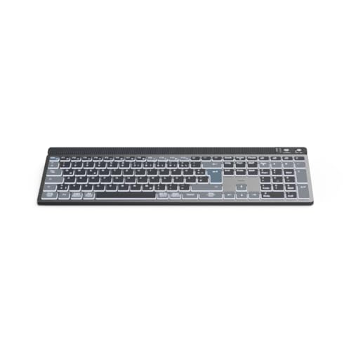 Hama Tastatur kabellos (Multi Device Tastatur mit Funk/Bluetooth für PC, Smartphone, Tablet, beleuchtet, dimmbar, mit Akku, Vollformat, leise Scissortasten, Multimedia Tasten, deutsches QWERTZ-Layout) von Hama