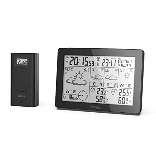 Hama Profi Wetterstation (Wettervorhersage mit Daten von professionellen Meteorologen, Funk mit Außensensor, Temperatur, Luftfeuchtigkeit, Windgeschwindigkeit, innen und außen) schwarz von Hama