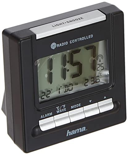 Hama Reise Funk Wecker RC200 (Thermometer, Hintergrundbeleuchtung, zwei Weckzeiten, automatische Zeitanpassung) schwarz, 4,5 cm l x 8 cm w x 8 cm h von Hama