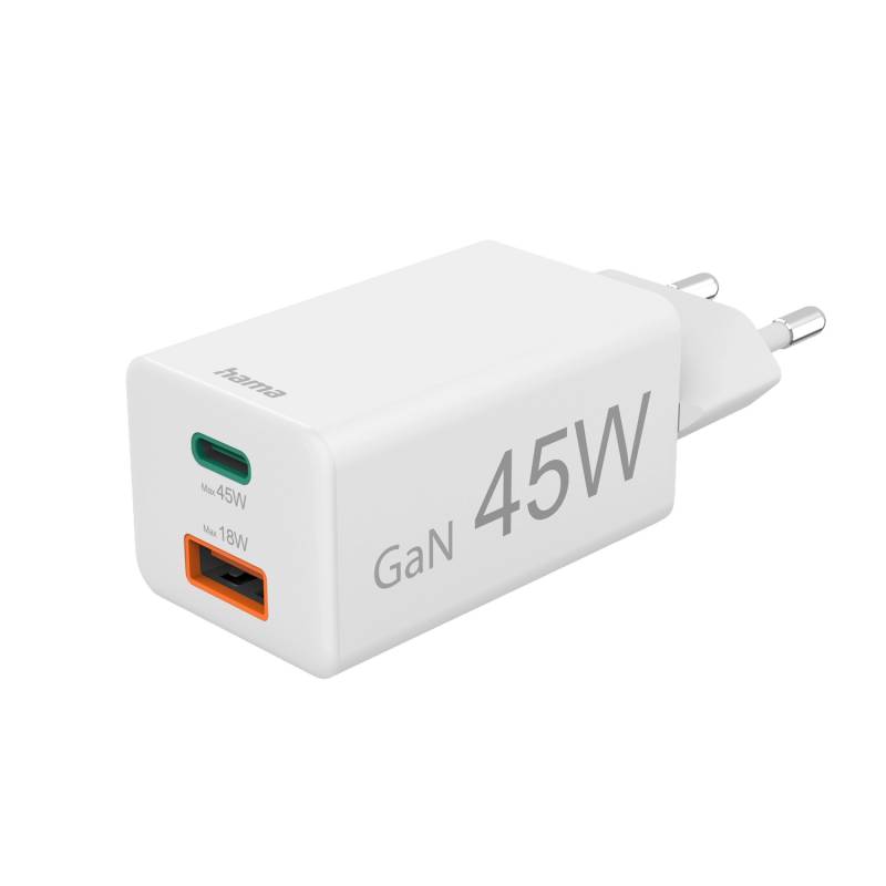 Hama Schnellladegerät Mini-Ladegerät 1 x USB-C 1 x USB-A PD 45 W Weiß von Hama
