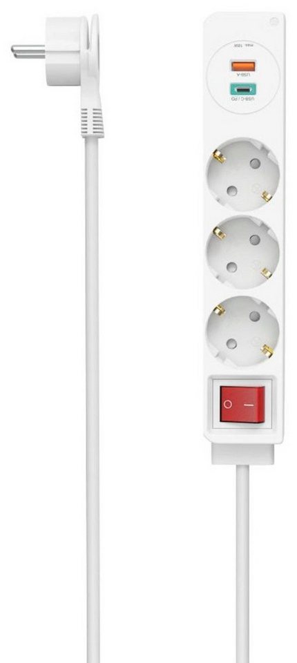 Hama Steckdosenleiste, 3-fach, USB-C/A 18W, PD/QC™, Flachst., 1,4 m Steckdosenleiste 5-fach (Ein- / Ausschalter, USB-Anschlüsse, Schutzkontaktkupplung, Schutzkontaktstecker, Kabellänge 1,4 m), 1 x USB-A, 1 x USB-C von Hama