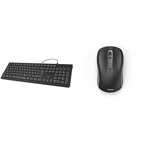 Hama Tastatur mit Kabel (kabelgebundene Tastatur, Wired Keyboard für PC, Notebook, Laptop mit USB A Anschluss, KC-200) Schwarz & kabellose Maus für Links- und Rechtshänder schwarz von Hama