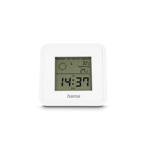 Hama Thermometer Hygrometer, digital (für Innen, Anzeige von Uhrzeit, Temperatur, Luftfeuchtigkeit, Raumklima und Wettervorhersage, mit Weckfunktion, Schlummerfunktion, zum Aufstellen) weiß von Hama