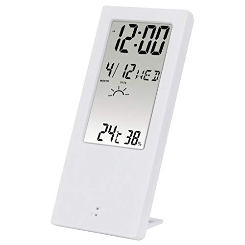 Hama 2in1 digitales Thermometer und Hygrometer innen (Thermo-Hygrometer, misst Raumtemperatur und Luftfeuchtigkeit, mit Wetterindikator, transparentes Display, Digitalanzeige, Wecker, Tischuhr) weiß von Hama