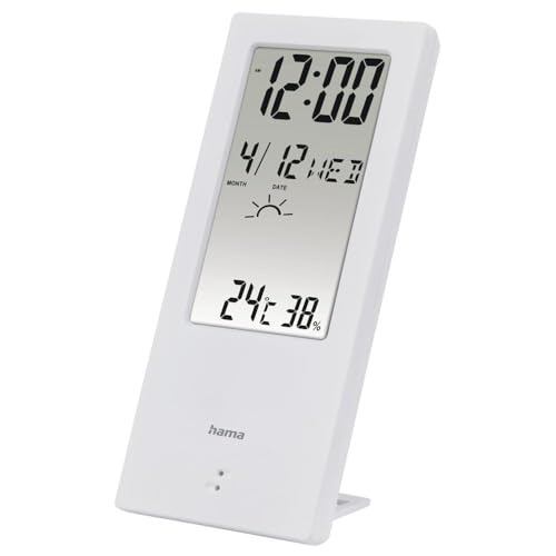 Hama 2in1 digitales Thermometer und Hygrometer innen (Thermo-Hygrometer, misst Raumtemperatur und Luftfeuchtigkeit, mit Wetterindikator, transparentes Display, Digitalanzeige, Wecker, Tischuhr) weiß von Hama