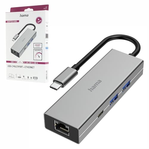 Hama USB C Hub 4 Ports (Multiport Adapter 1x LAN Gigabit Ethernet, 2X USB-A, 1x USB-C zur Übertragung von Daten und zum Laden mit PD, USB C Adapter 4in1 für Büro, Homeoffice und unterwegs) Alu von Hama