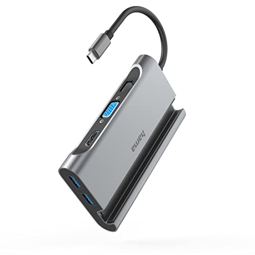 Hama USB C Hub 7 Ports Dockingstation mit Tablethalterung/Handyhalterung (Multiport Adapter 1x HDMI 4K, 1x VGA, 3x USB-A, 1x USB-C PD, 1x LAN Gigabit Ethernet, USB C Adapter 7in1 für Büro, Homeoffice) von Hama