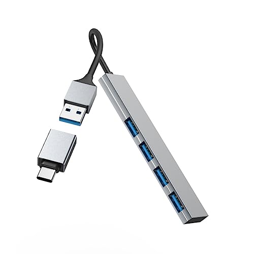 Hama USB-Hub 4 Ports (USB-A und USB-C-Anschluss, 4X USB-A für Maus, Tastatur, Externe Festplatte, USB-Stick etc., Aluminium-Gehäuse, Ultra Slim, USB-Adapter für Büro, Home Office) von Hama