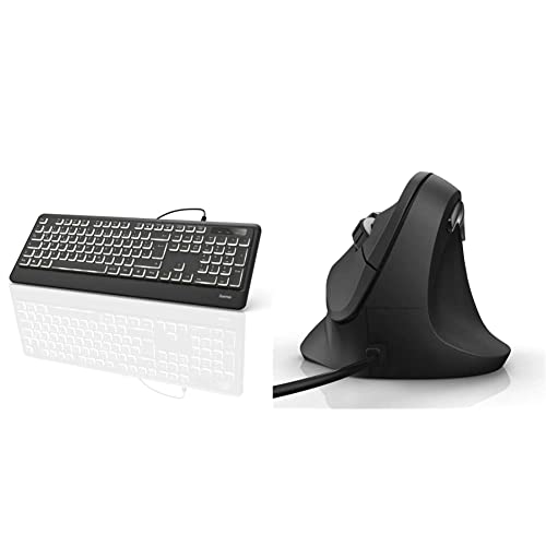 Hama USB Tastatur beleuchtet mit Kabel KC-550 (laserbeschriftet, deutsches Tastenlayout QWERTZ, 12 Media-Tasten, flach, extra langes Kabel 180 cm) schwarz & ergonomische Maus schwarz von Hama
