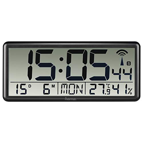 Hama Digitale Wanduhr XL mit Funk (Digitaluhr mit Thermometer und Hygrometer, große Funkuhr mit Datum und Wochentag, gut ablesbar Wand Uhr zum Hängen und Stellen, inkl. Batterie) schwarz von Hama