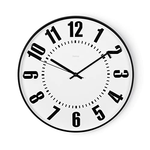 Hama Wanduhr ohne Tickgeräusche (Wanduhr mit großen Zahlen, geräuscharm, analog, 35 cm Durchmesser, Quarzuhr, gut ablesbar, Wanduhr schwarz, Küchenuhr, Büro Uhr, Wohnzimmer Uhr, Wanddeko) schwarz-weiß von Hama