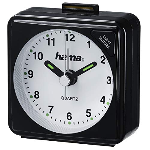 Hama analoger Wecker inkl. Batterie (batteriebetriebener Reisewecker mit schneller werdendem Alarm und Schlummerfunktion, Wecker mit Licht, fluoreszierender Stunden- und Minutenzeiger) schwarz von Hama