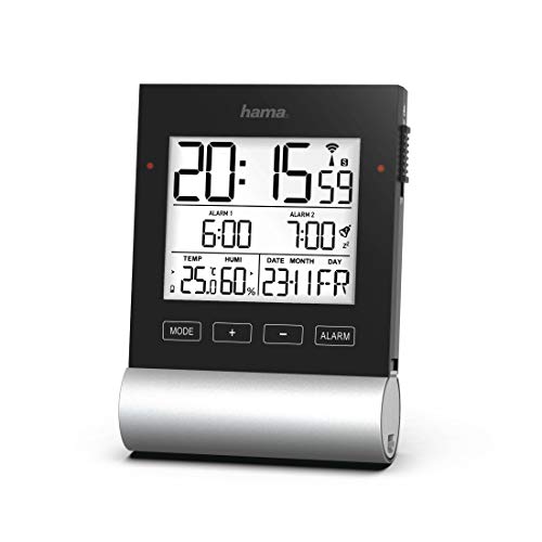 Hama Funkwecker Digital „Black Line“ (Digitalwecker mit Speed-Alarm, 2 Weckzeiten & Schlummerfunktion, Anzeige für Datum, Innentemperatur & Luftfeuchtigkeit, inkl. Batterien) schwarz von Hama