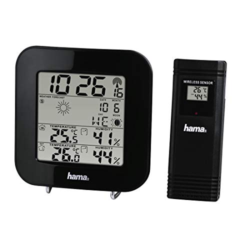 Hama Wetterstation Funk mit Außensensor inkl. Batterien (Wettervorhersage, misst Luftfeuchtigkeit, Innen- und Außentemperatur, Thermometer, Hygrometer, Barometer, Funkuhr, Wecker, Mondphasen) schwarz von Hama