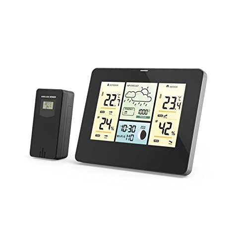 Hama Wetterstation WLAN mit App (Funkwetterstation mit Außensensor, smarte Wetterstation mit Thermometer, Hygrometer, Barometer u. Vorhersage, Werte für innen und außen, Farbdisplay) schwarz von Hama