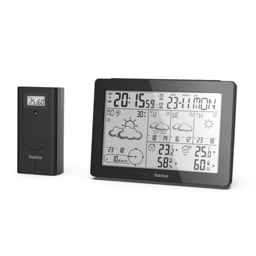 Hama Profi Wetterstation (Wettervorhersage mit Daten von professionellen Meteorologen, Funk Wetterstation mit Außensensor, Temperatur, Luftfeuchtigkeit, Windgeschwindigkeit, innen und außen) schwarz von Hama