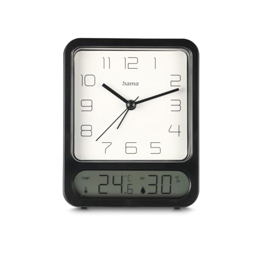 Hama analoger Wecker (mit digitaler Temperaturanzeige, mit Hygrometer, ohne Ticken, 1 Weckzeit, mit Stunden-, Minuten- und Sekundenzeiger, inkl. Batterie) schwarz von Hama