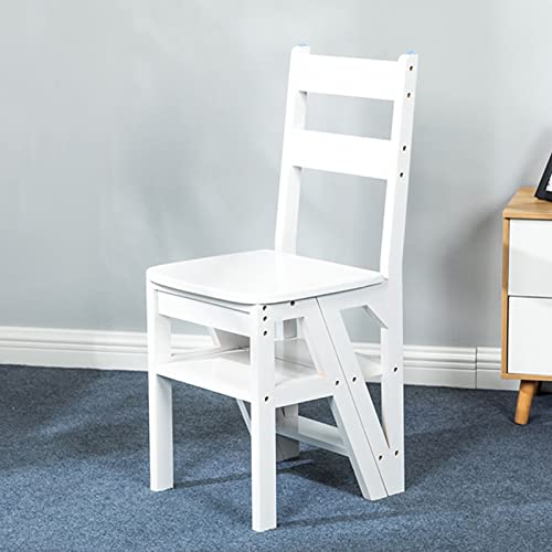 Hamankim 4-Stufen-Leiter-Stuhl, Holz-Tritthocker, weiß, umbaubarer, klappbarer Bibliotheks-Stufen-Bücherregal-Pflanzenständer für Küche und Büro, 200 kg Kapazität von Hamankim
