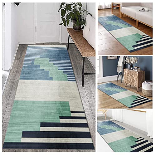 Läufer Teppich Flur rutschfest Flur Teppichläufer Breite 60 cm 70 cm 80 cm 100 cm Geometrie Blau Grün und Grau Langläufer Teppiche für Korridor Treppen Durchgang Rutschfeste Teppiche ( Size : 80×500cm von Hamankim
