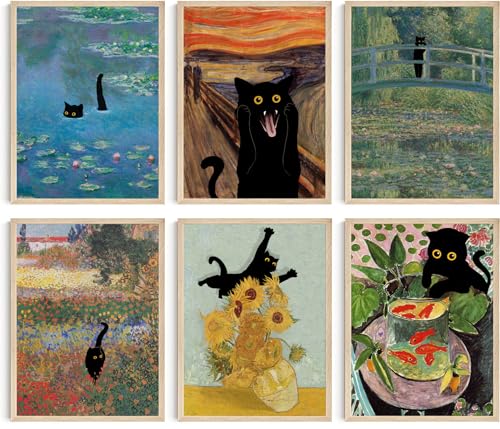 Hambient Wandbilder mit Katzen für moderne Bilder, Dekoration für Wohnzimmer, Schlafzimmer, Schlafzimmer, Badezimmer, Haus, Monet, Van Gogh, Munch, Klimt, 6 Poster (21 x 30 cm - Ohne Rahmen) von Hambient