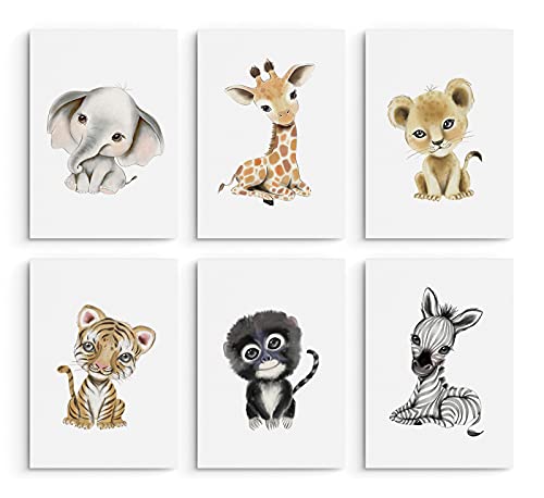 Hambient Poster Kinderzimmer - Bilder Babyzimmer Deko, Junge, Mädchen - Wandbilder, Kinderposter, Dekoration - 6er Bild Set (21 x 30 cm - Ohne Rahmen, Tiere Babytiere Afrika) von Hambient