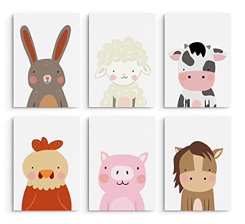 Hambient Poster Kinderzimmer - Bilder Babyzimmer Deko, Junge, Mädchen - Wandbilder, Kinderposter, Dekoration - 6er Bild Set (21 x 30 cm - Ohne Rahmen, Tiere Nutztiere Kuh) von Hambient