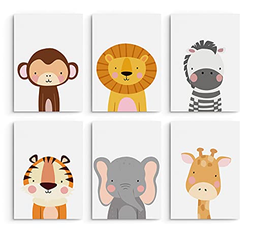 Hambient Poster Kinderzimmer - Bilder Babyzimmer Deko, Junge, Mädchen - Wandbilder, Kinderposter, Dekoration - 6er Bild Set (21 x 30 cm - Ohne Rahmen, Tiere Safari Afrika) von Hambient