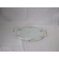 Art Deco Gläsertablett Tablett Oval Antik Glasplatte Mit Stern Verchromt Vintage von HamburgVintage