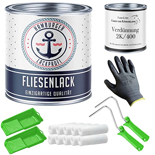Fliesenlack SEIDENMATT Weiß RAL 9010 Weiß Fliesenfarbe für Bodenfliesen & Wandfliesen mit Lackier-SET (X300) und Verdünnung // Hamburger Lack-Profi (20 L) von Hamburger Lack-Profi