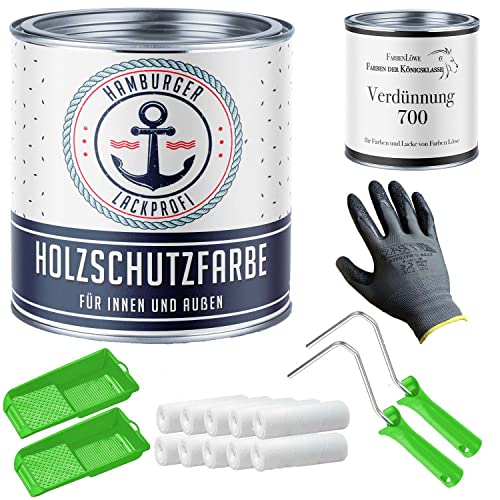 Hamburger Lack-Profi PU Holzschutzfarbe SEIDENMATT Fenstergrau RAL 7040 Grau Wetterschutzfarbe Holzfarbe Holzlack - PU verstärkt & UV-beständig + Lackier-SET (X300) & Verdünnung (1 L) (5 L) von Hamburger Lack-Profi