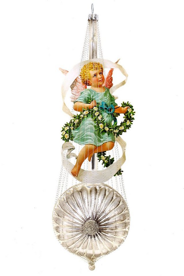 Hamburger Weihnachtskontor Christbaumschmuck Nostalgische Blütenkugel mit Engel, Dekohänger - mundgeblasen - handdekoriert von Hamburger Weihnachtskontor