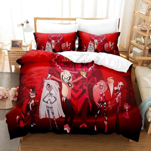 Hazbin Hotel-Bettwäsche-Sets für Doppelbett, Anime, 3D-Druck, weich, mehrfarbig, flauschig mit Kissenbezügen von Charlie Morningstar Angel Dust, Bettwäsche-Set für Schlafzimmer, Schlafsaal, alle von Hamender