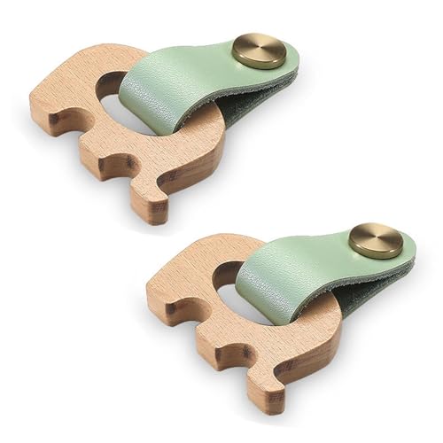 Schubladengriffe in Elefantenform, Leder und Buchenholz, Griffe für Kindermöbel, Kinderzimmer, Schrank, kindersichere Hardware für Schlafzimmer, Küchenschränke (grün, Länge 68,5 mm), 2 Stück von Hamender