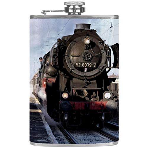 Flachmann Zug Dampfverkehr Eisenbahn Taschenflasche Edelstahl 227ml Whisky Alkohol Flachmann Schnapsflasche Trinkflasche mit Trichter für Männer und Frauen 9.2x15cm von Haminaya