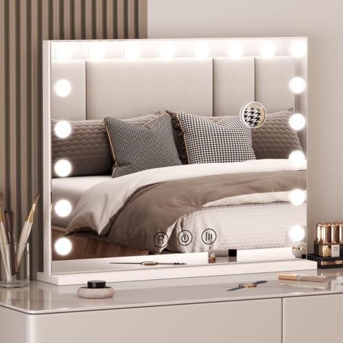 Hamlody Beleuchteter Schminkspiegel, Hollywood-Schminktisch Spiegel mit 3 Farbbeleuchtungsmodi, USB/Type C Ladeanschluss, Touch-Steuerung, Explosionsgeschützt für Schlafzimmer Ankleidezimmer 80x46cm von Hamlody