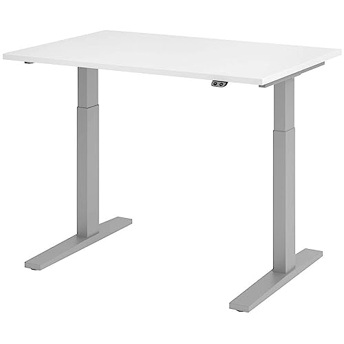 Hammerbacher Sitz-Steh-Schreibtisch EL.120x80cm Schreibplatte Weiß, Gestell Silber von Hammerbacher