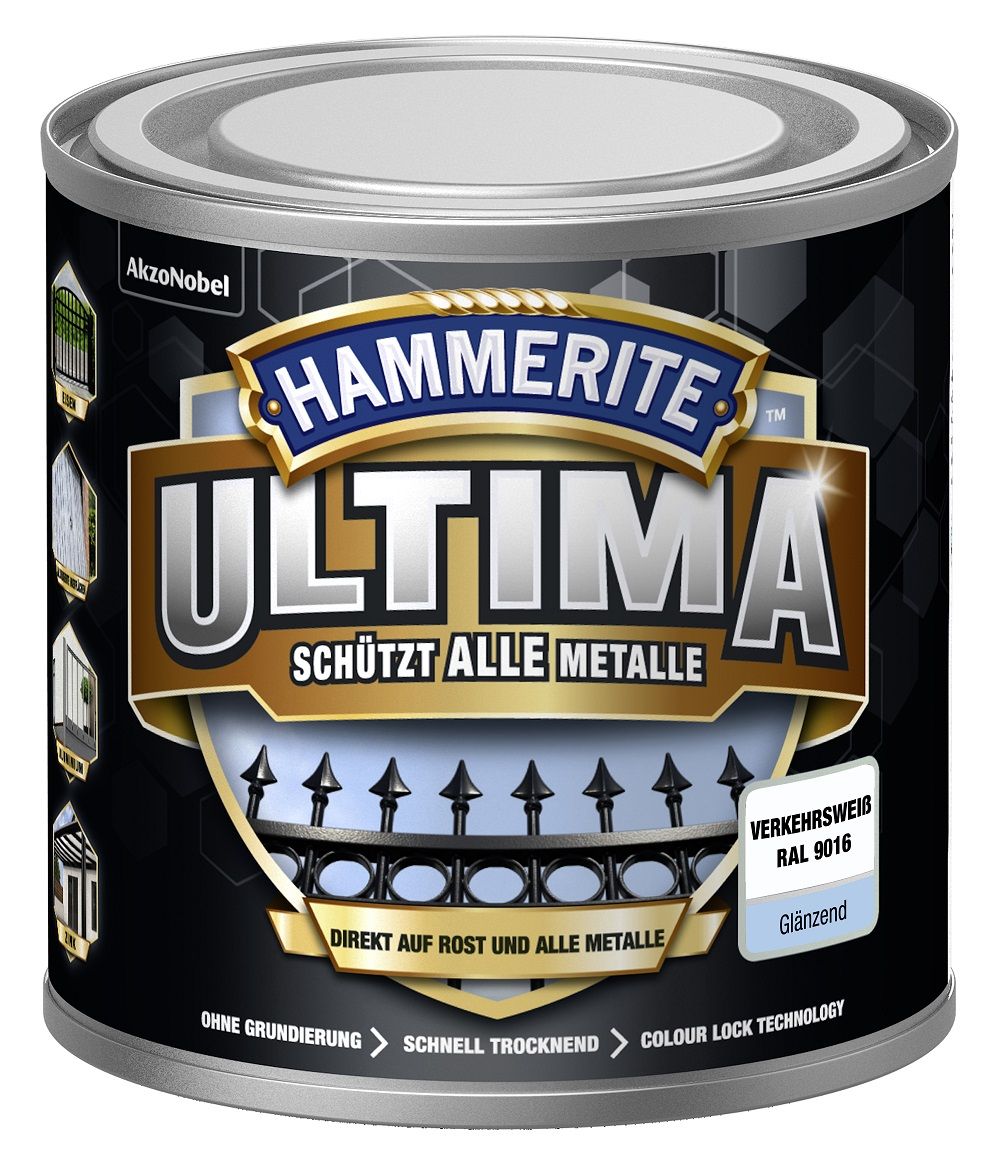 Hammerite Metallschutzlack ULTIMA glänzend verkehrsweiß RAL 9016 250 ml von Hammerite