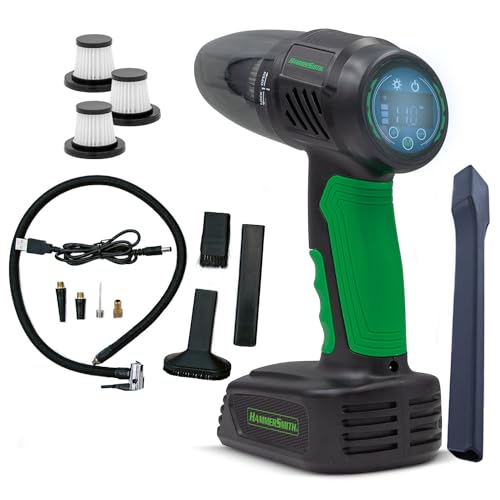Hammersmith AirStorm inkl. HEPA-Filter 3er Set - Kabelloser Handstaubsauger & Luftkompressor mit SOS-Licht & umfangreichem Zubehörset - Autoreifen aufpumpen - Kontrolle des Reifendrucks - Multitool von Hammersmith