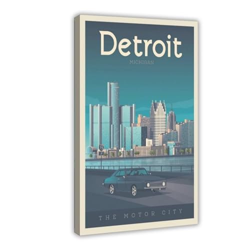 HamoM Detroit Vintage-Reiseposter auf Leinwand, Schlafzimmer, Dekoration, Sport, Landschaft, Büro, Raumdekoration, Geschenk, Rahmen-Stil, 20 x 30 cm von HamoM