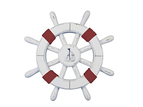 Hampton Nautisches sw-12–102-sailboat Rustikal Weiß Deko Schiff Rad mit Rot Seil & Segelboot 30,5 cm – Holz Schiff Rad – Schiffe Lenkrad von Hampton Nautical
